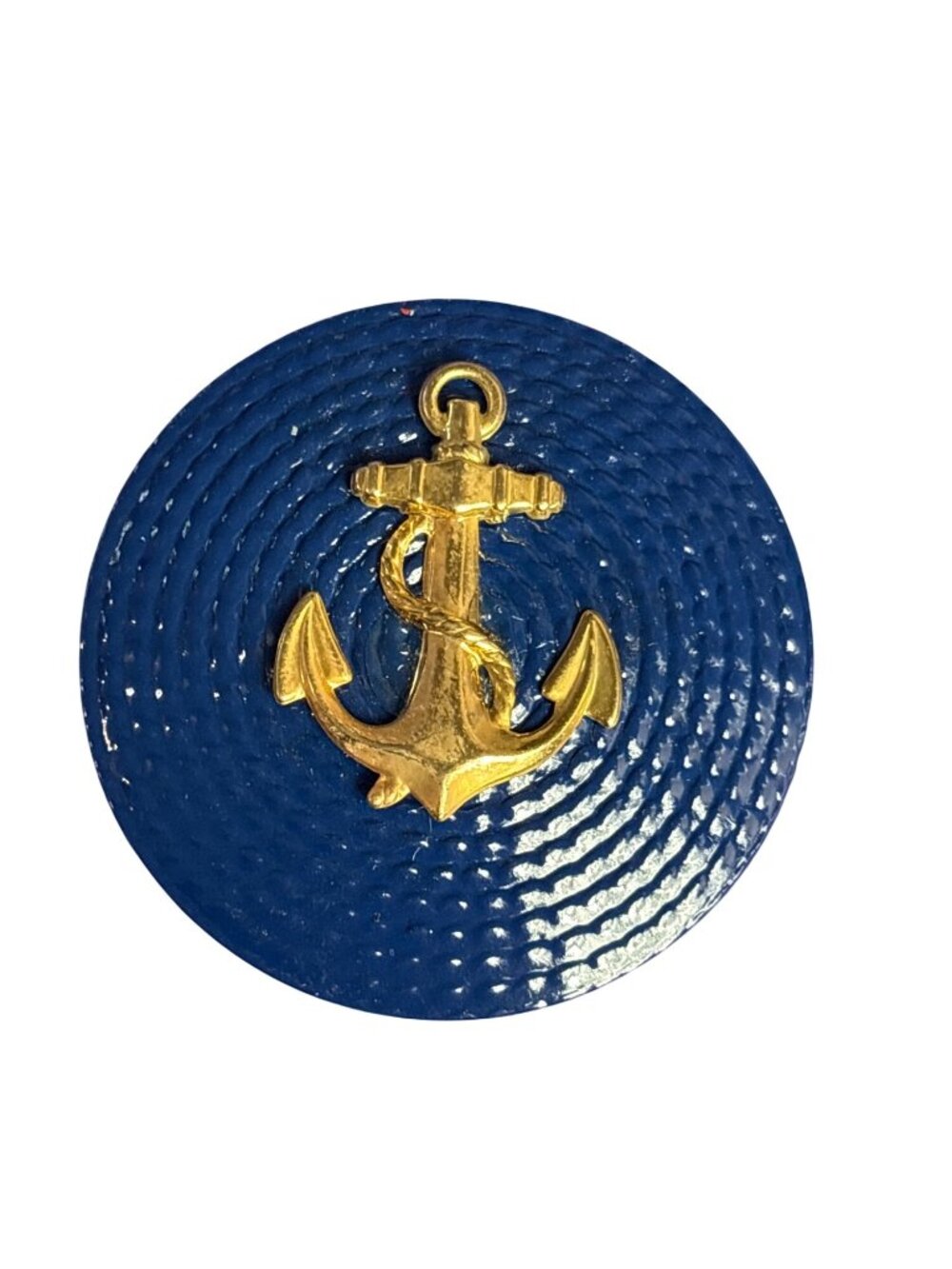 Vintage Navy Blue Rope Textured Circle Brooch Pin Goldtone Anchor Nautical